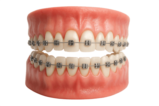 Dental model showcasing a gold palatal expander appliance on white upper jaw mold with pink accents