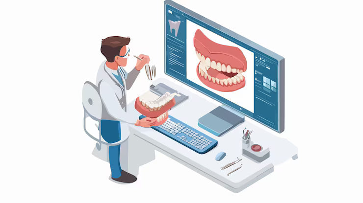 Digital dental model showing front teeth with alignment and measurement guides on blue background